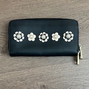 Zac Posen Black Zip Wallet with White Floral Pearls